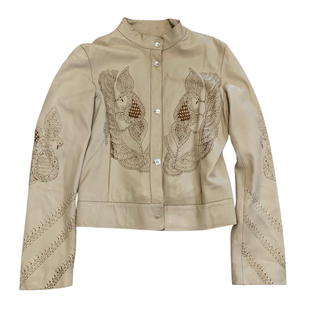 VINTAGE Danier Cream Leather Peacock Jacket Boho Artisan Small